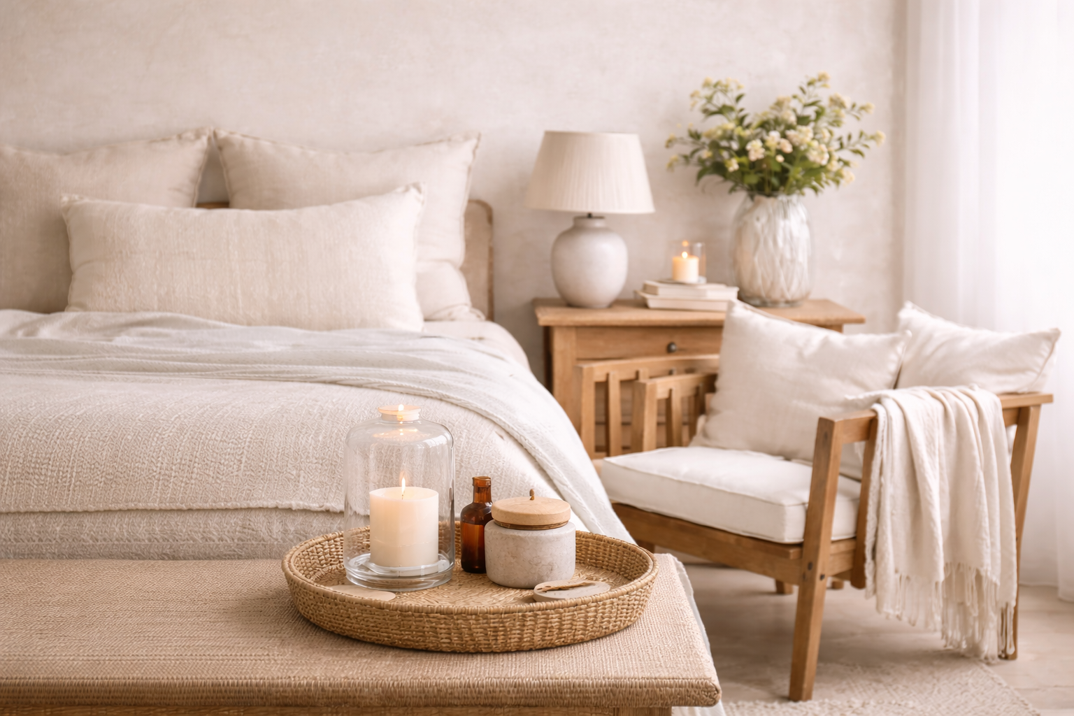 Cozy bedroom with a bed, chair, and decorative items.