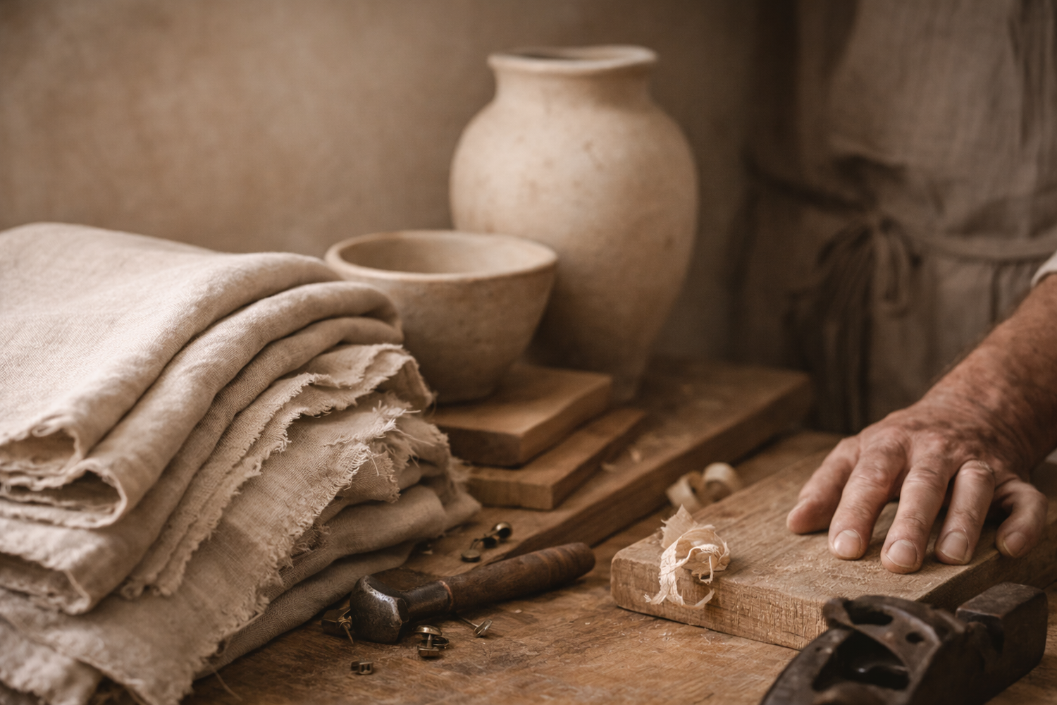 A close-up of natural linen, hand-finished wood and ceramic vessels inspired by traditional Portuguese craftsmanship.