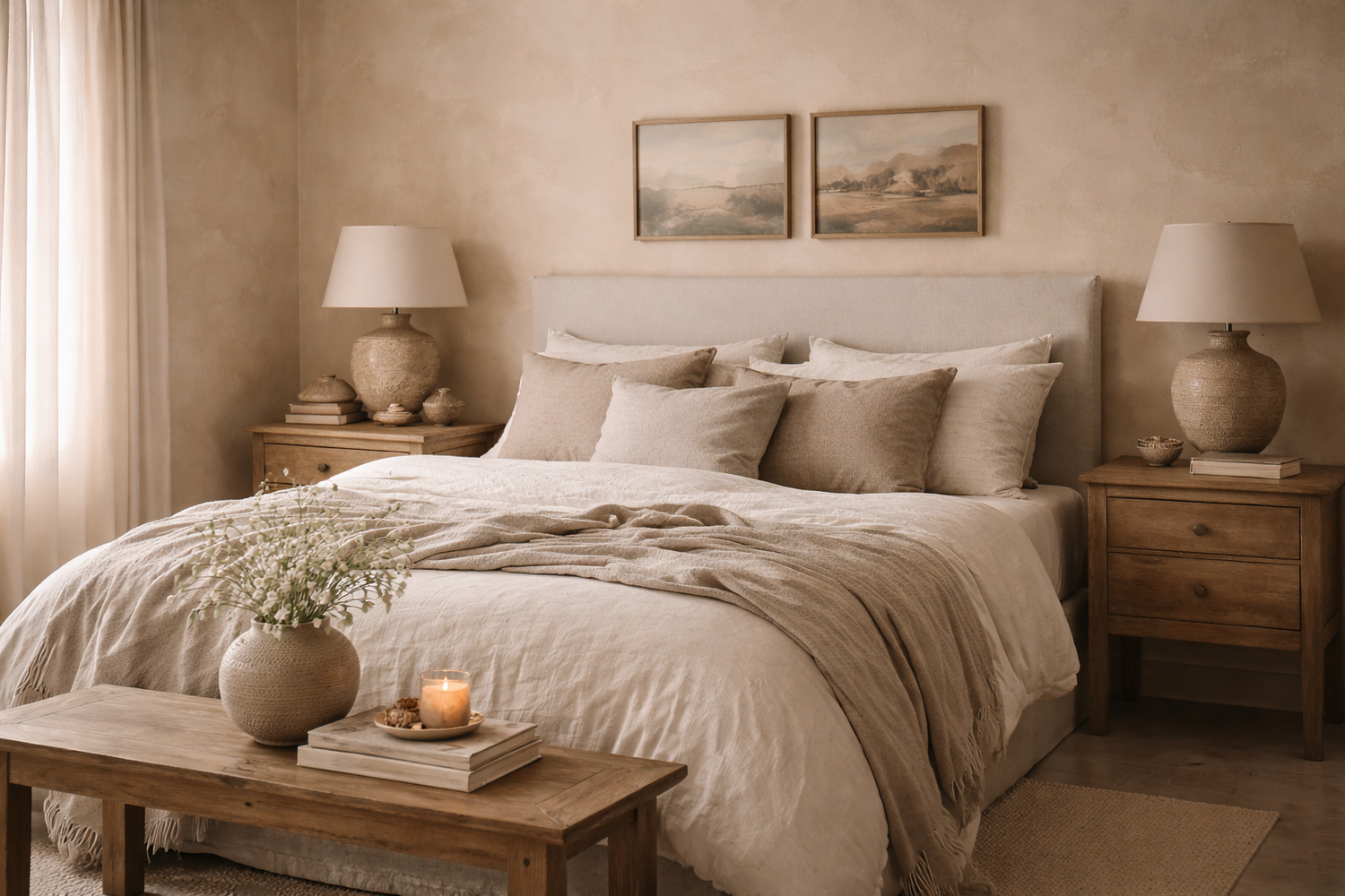 A softly styled bedroom featuring neutral linen bedding, oak bedside tables and ceramic lamps in a warm, European-inspired interior.